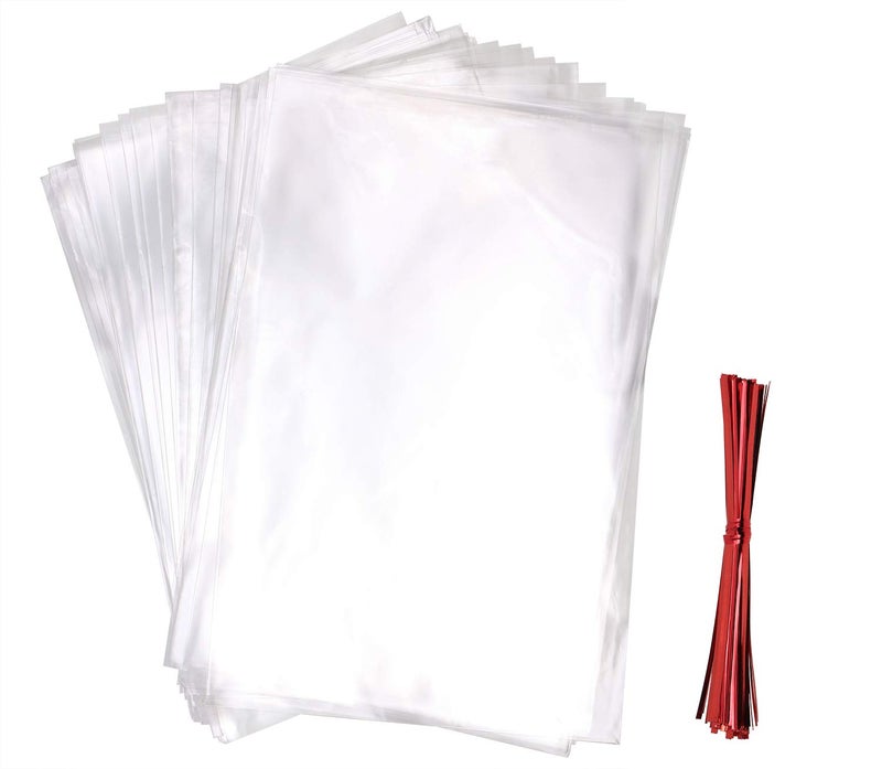 Mini Skater 100Pcs Clear Treat Bags OPP Cello Cellophane Bag With 100Pcs Red Color Twist Ties For Wedding Gift Candy Cookie Bakery Bread Dessert (8" x 12") - Image 5